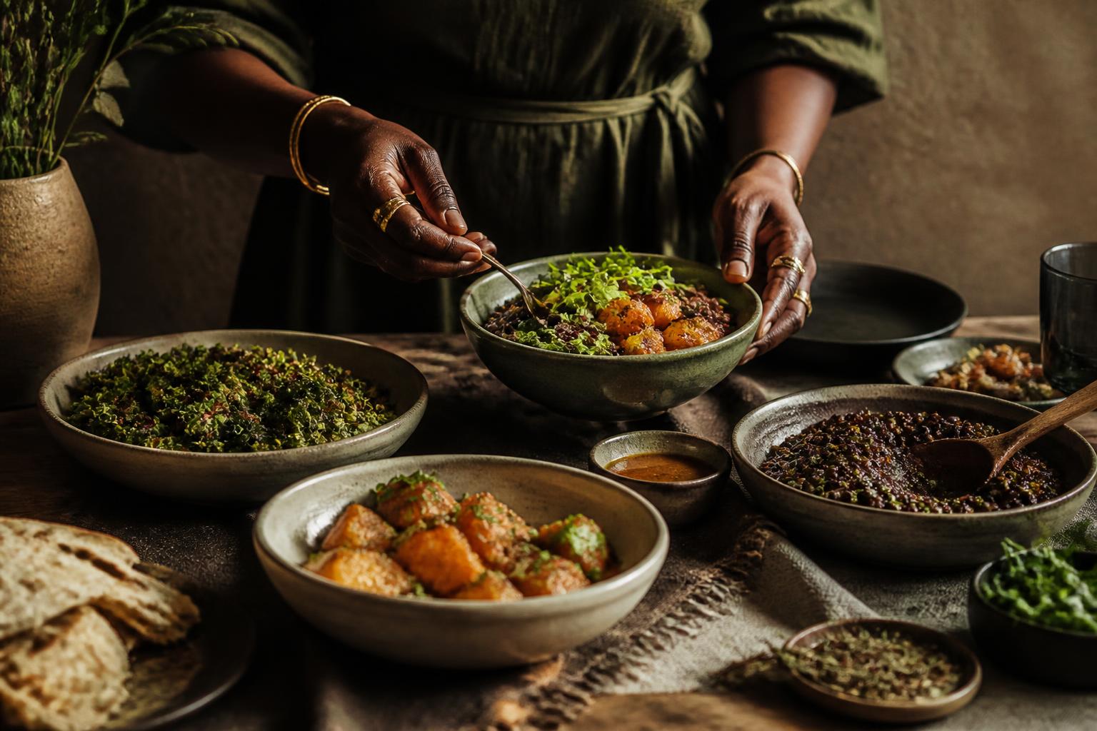 Black cook's hands serving an ancestral vegan table of stewed beans, greens, roasted sweet potato and flatbread